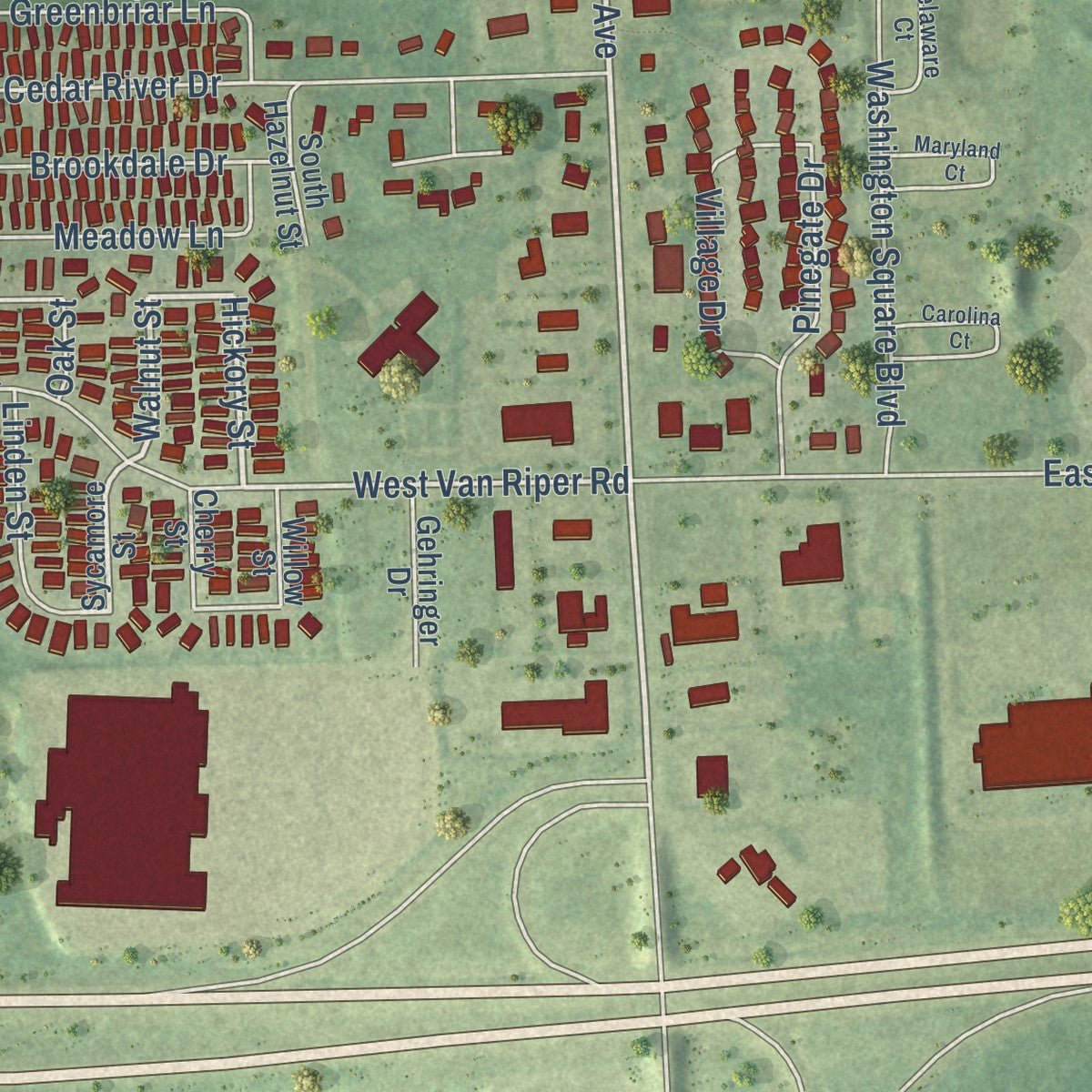 Second close-up of the map of Fowlerville, Michigan print showing more streets and buildings