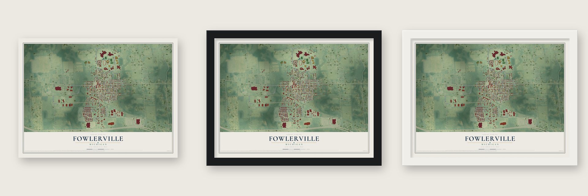 Fowlerville, Michigan map unframed, in a black wood frame and in a white wood frame