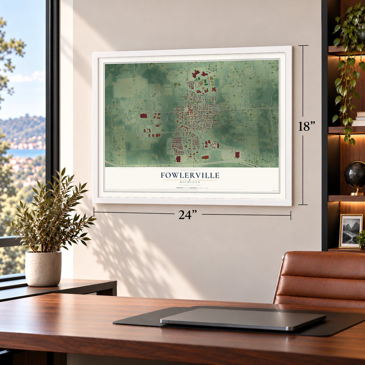 Fowlerville, Michigan map, 18 x 24 inch print in a white frame in a home office