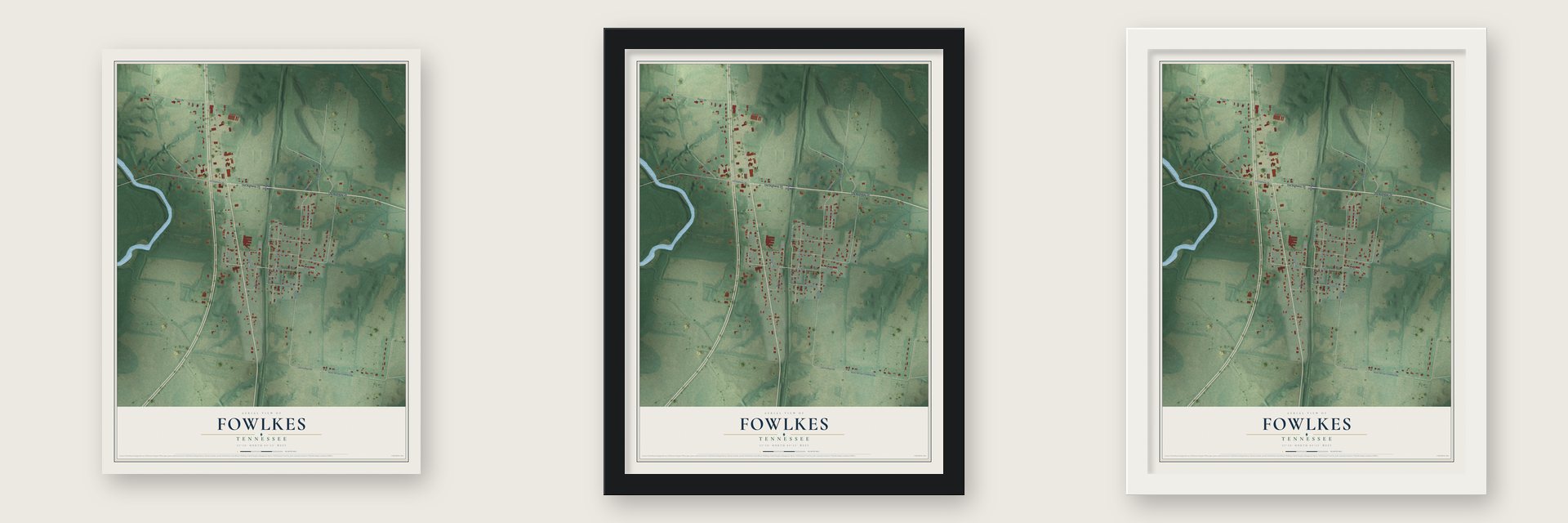 Fowlkes, Tennessee map unframed, in a black wood frame and in a white wood frame