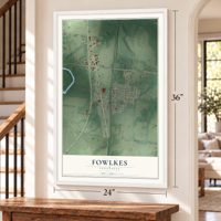 Fowlkes, Tennessee map, 24 x 36 inch print in a white frame by a staircase