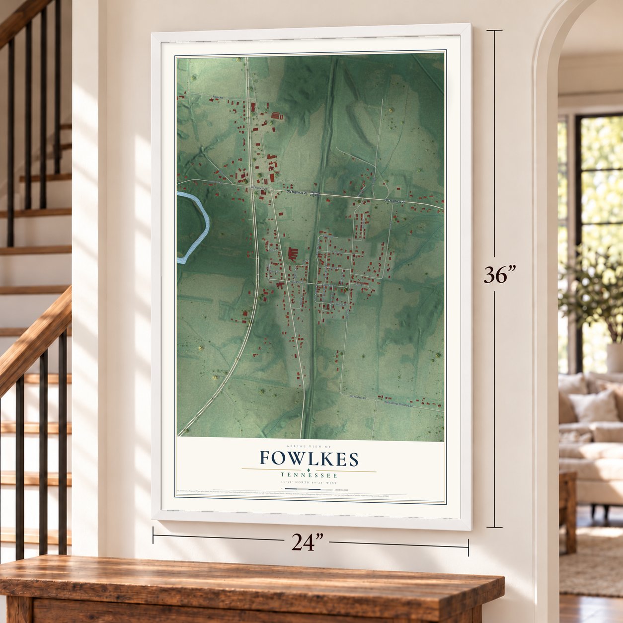 Fowlkes, Tennessee map, 24 x 36 inch print in a white frame by a staircase