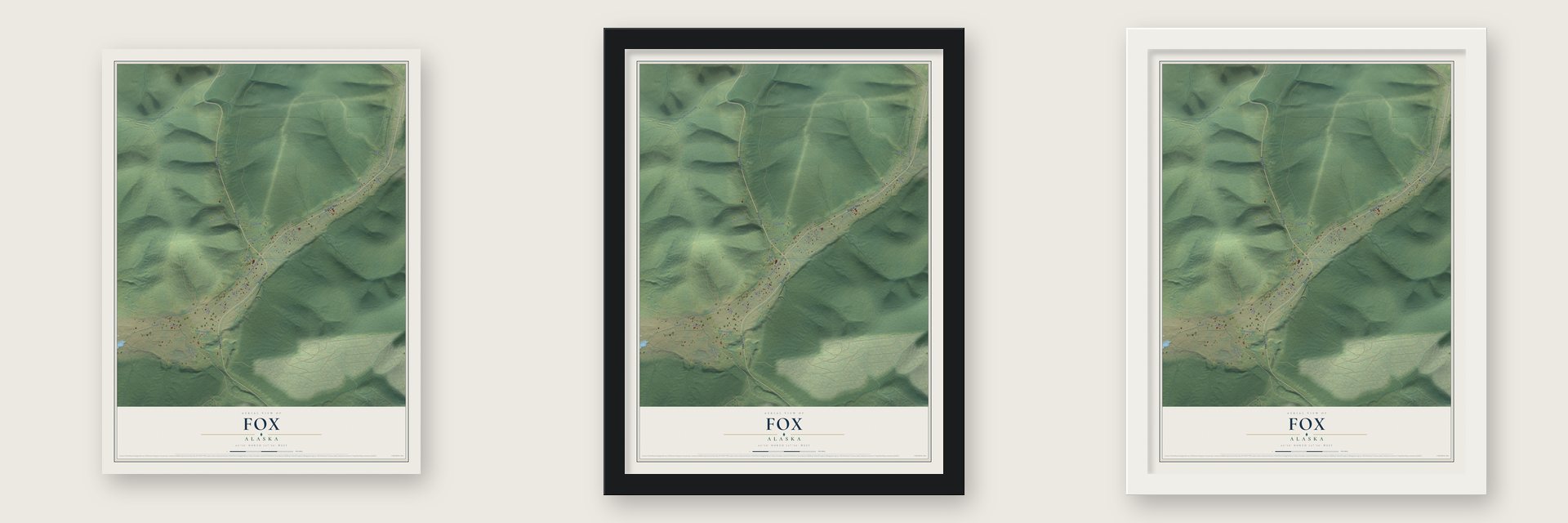 Fox, Alaska map unframed, in a black wood frame and in a white wood frame