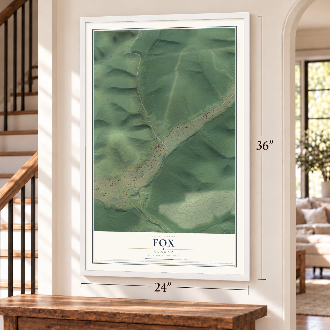 Fox, Alaska map, 24 x 36 inch print in a white frame by a staircase