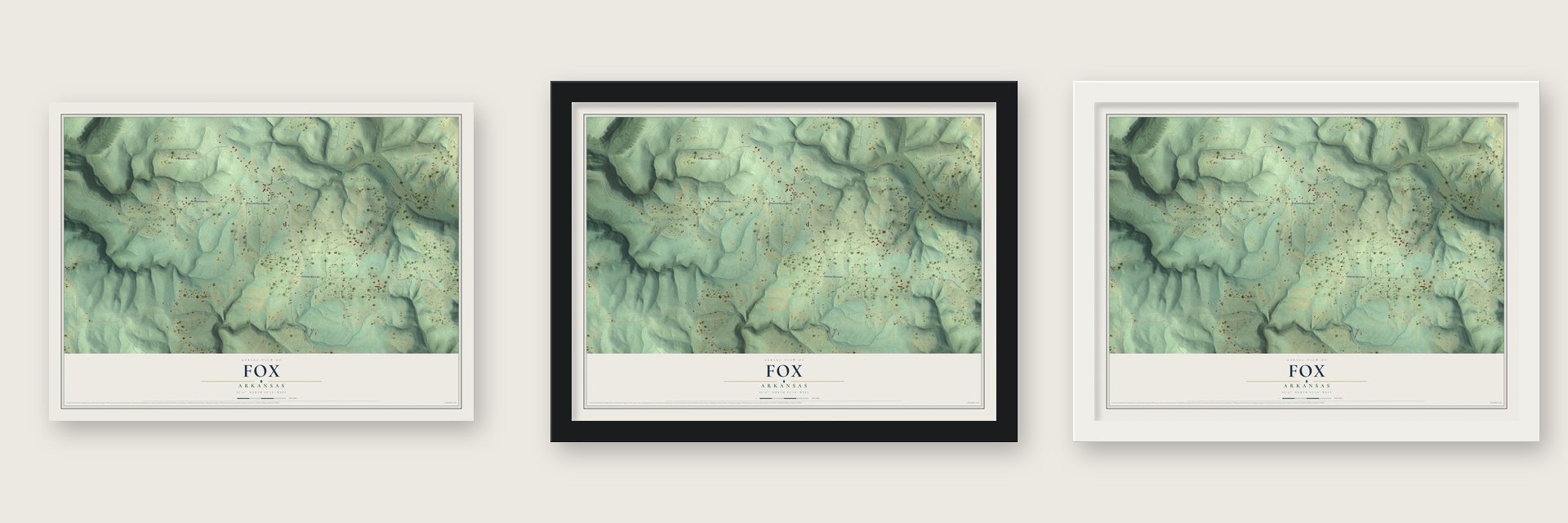 Fox, Arkansas map unframed, in a black wood frame and in a white wood frame