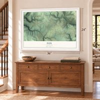 Fox, Arkansas map, 24 x 36 inch print in a white frame above a dresser by a staircase
