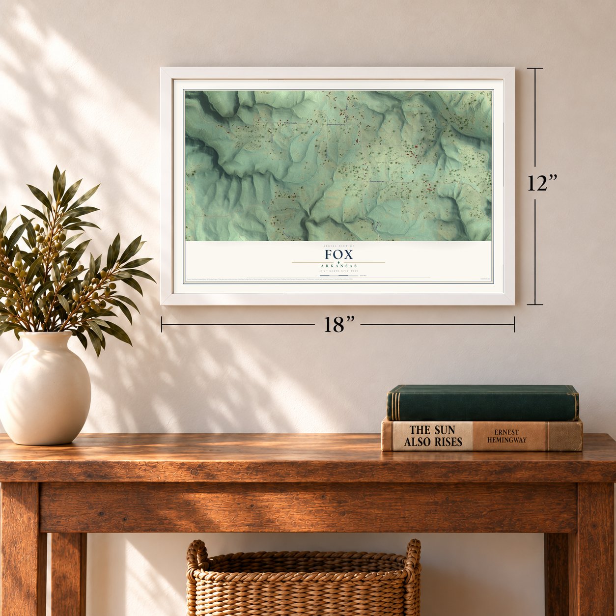 Fox, Arkansas map, 12 x 18 inch print in a white frame in an entryway