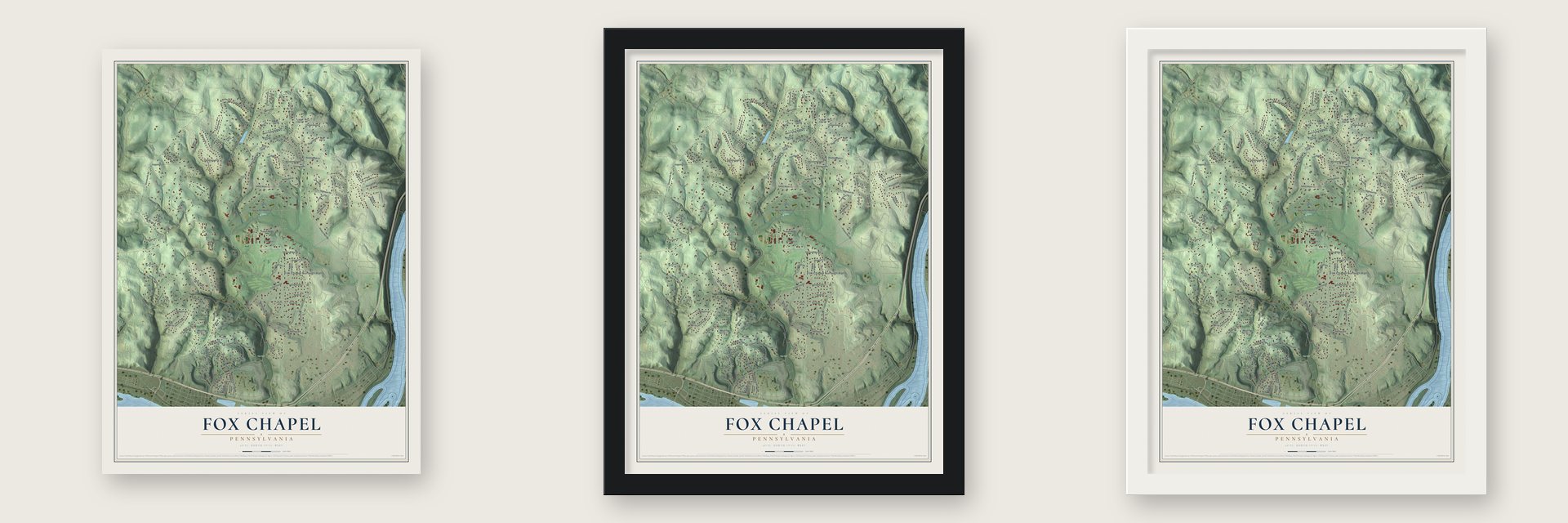 Fox Chapel, Pennsylvania map unframed, in a black wood frame and in a white wood frame