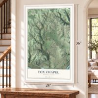 Fox Chapel, Pennsylvania map, 24 x 36 inch print in a white frame by a staircase