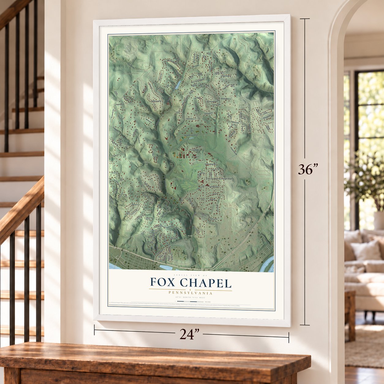 Fox Chapel, Pennsylvania map, 24 x 36 inch print in a white frame by a staircase