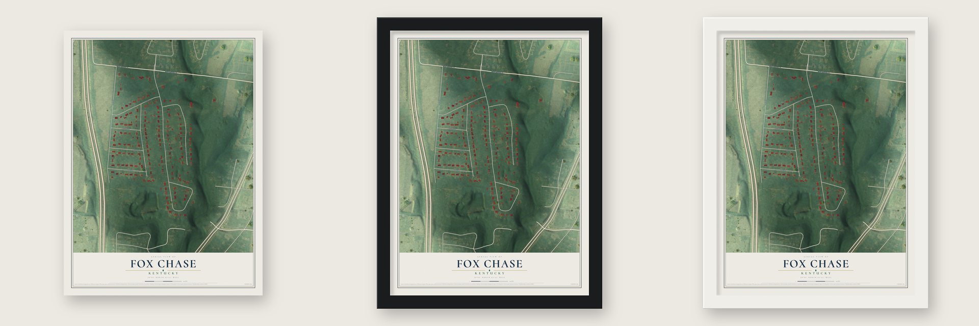 Fox Chase, Kentucky map unframed, in a black wood frame and in a white wood frame