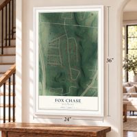 Fox Chase, Kentucky map, 24 x 36 inch print in a white frame by a staircase