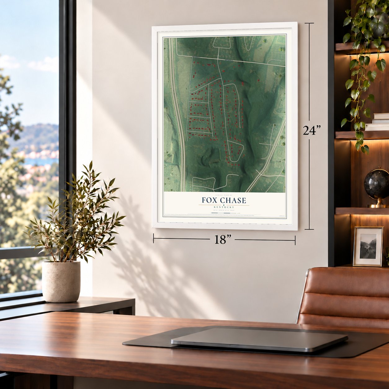 Fox Chase, Kentucky map, 18 x 24 inch print in a white frame in a home office