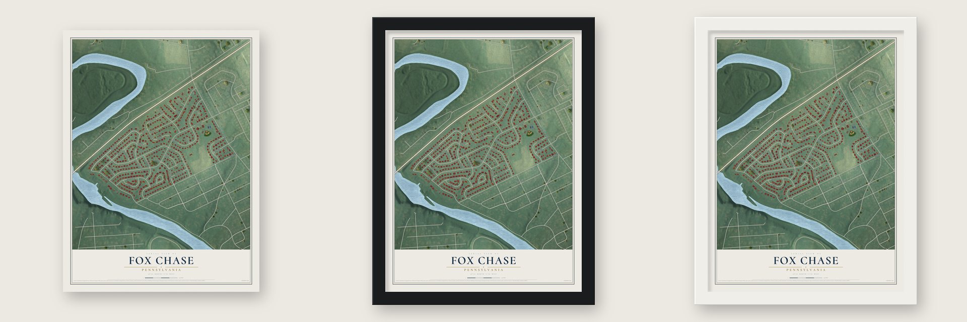 Fox Chase, Pennsylvania map unframed, in a black wood frame and in a white wood frame
