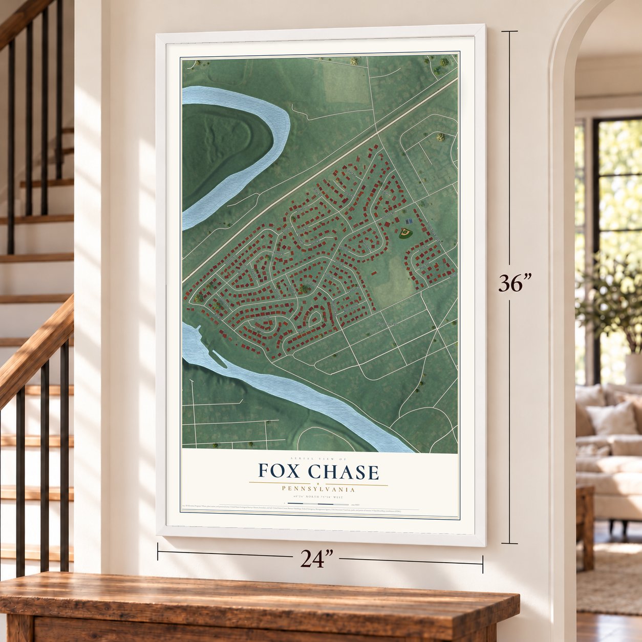Fox Chase, Pennsylvania map, 24 x 36 inch print in a white frame by a staircase