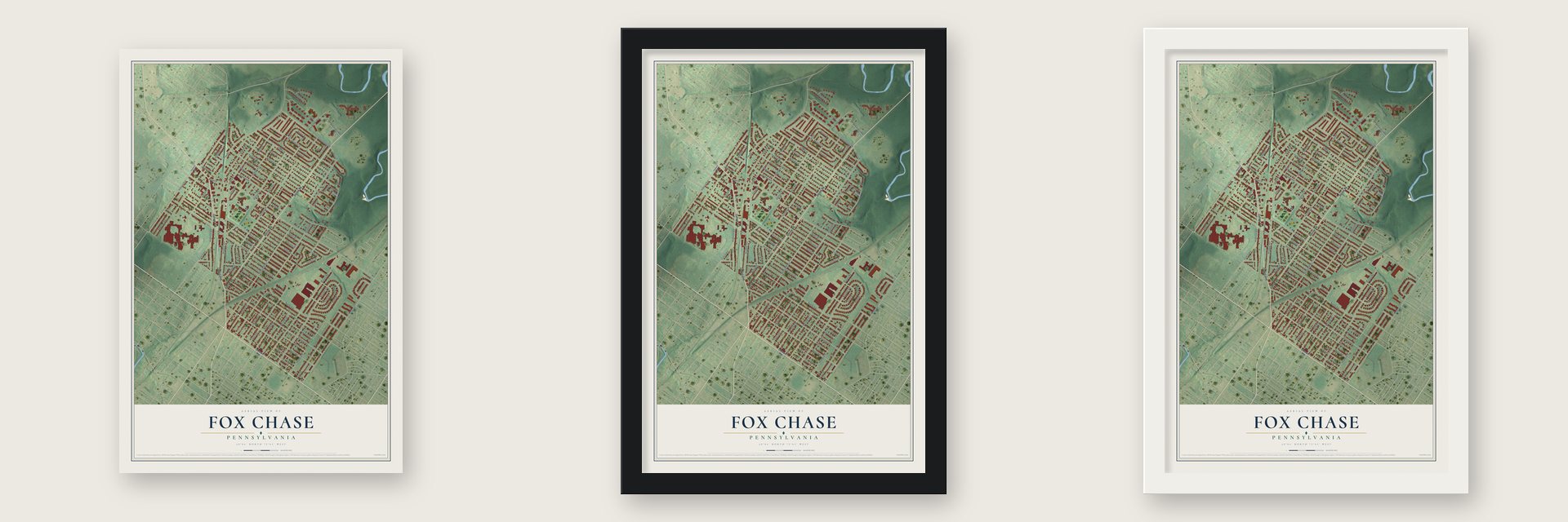 Fox Chase, Philadelphia, Pennsylvania map unframed, in a black wood frame and in a white wood frame