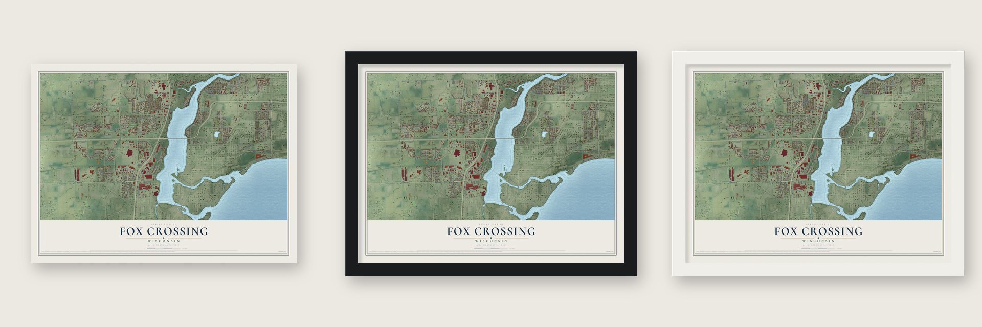 Fox Crossing, Wisconsin map unframed, in a black wood frame and in a white wood frame