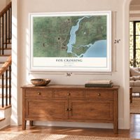 Fox Crossing, Wisconsin map, 24 x 36 inch print in a white frame above a dresser by a staircase