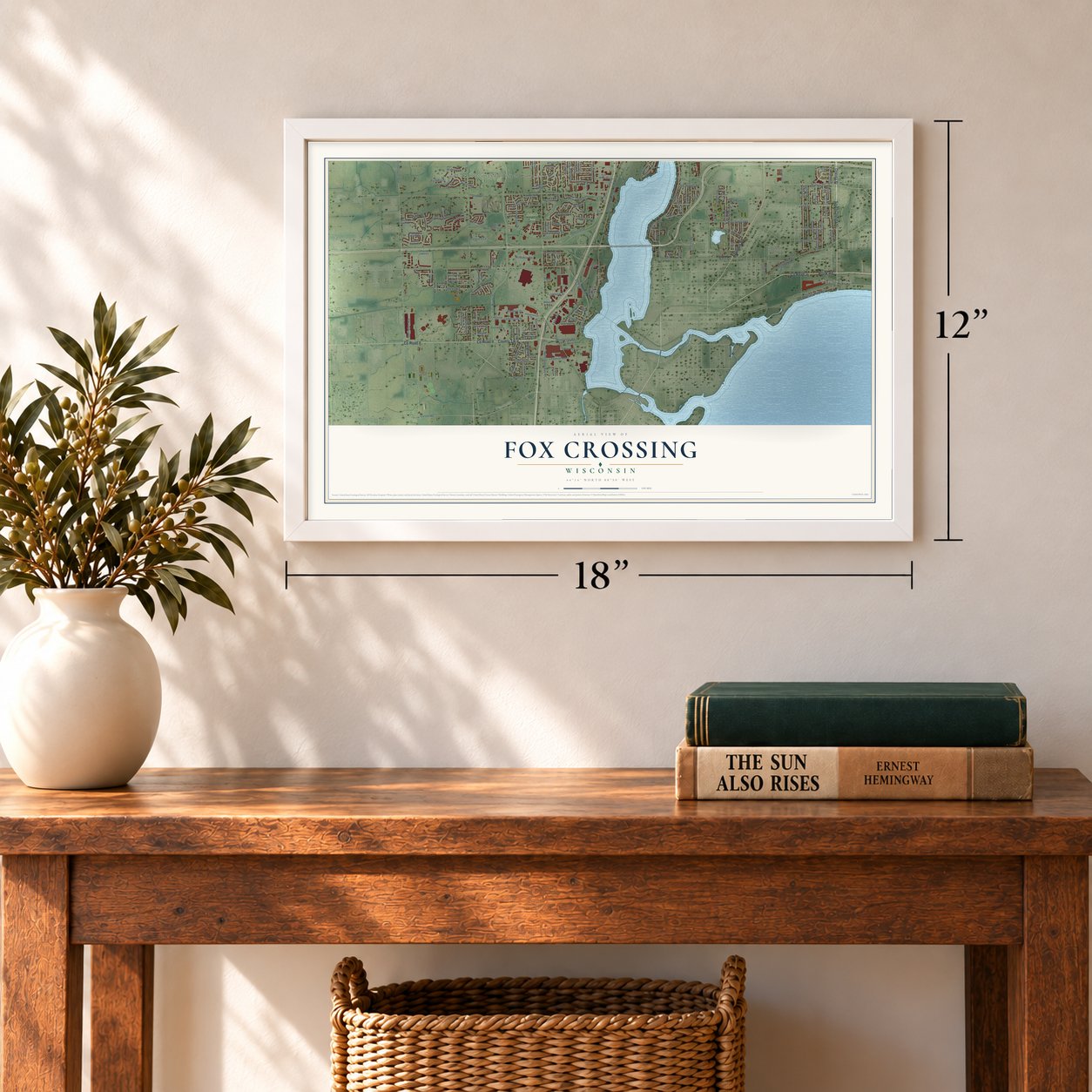 Fox Crossing, Wisconsin map, 12 x 18 inch print in a white frame in an entryway