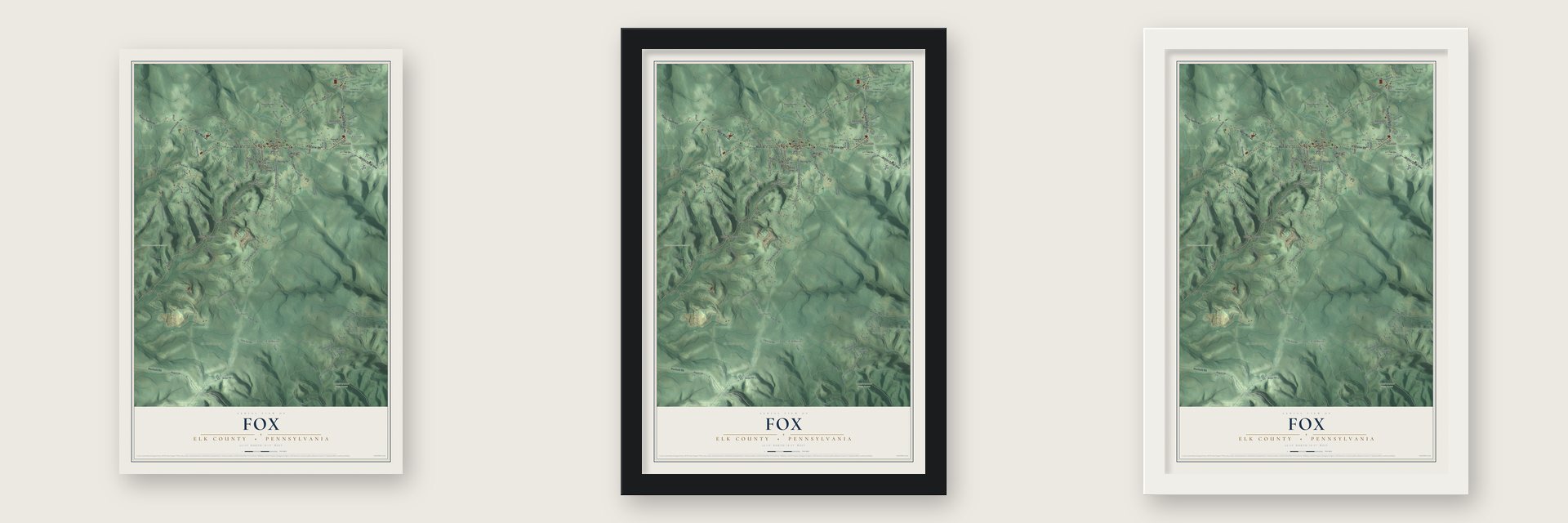 Fox, Elk County, Pennsylvania map unframed, in a black wood frame and in a white wood frame