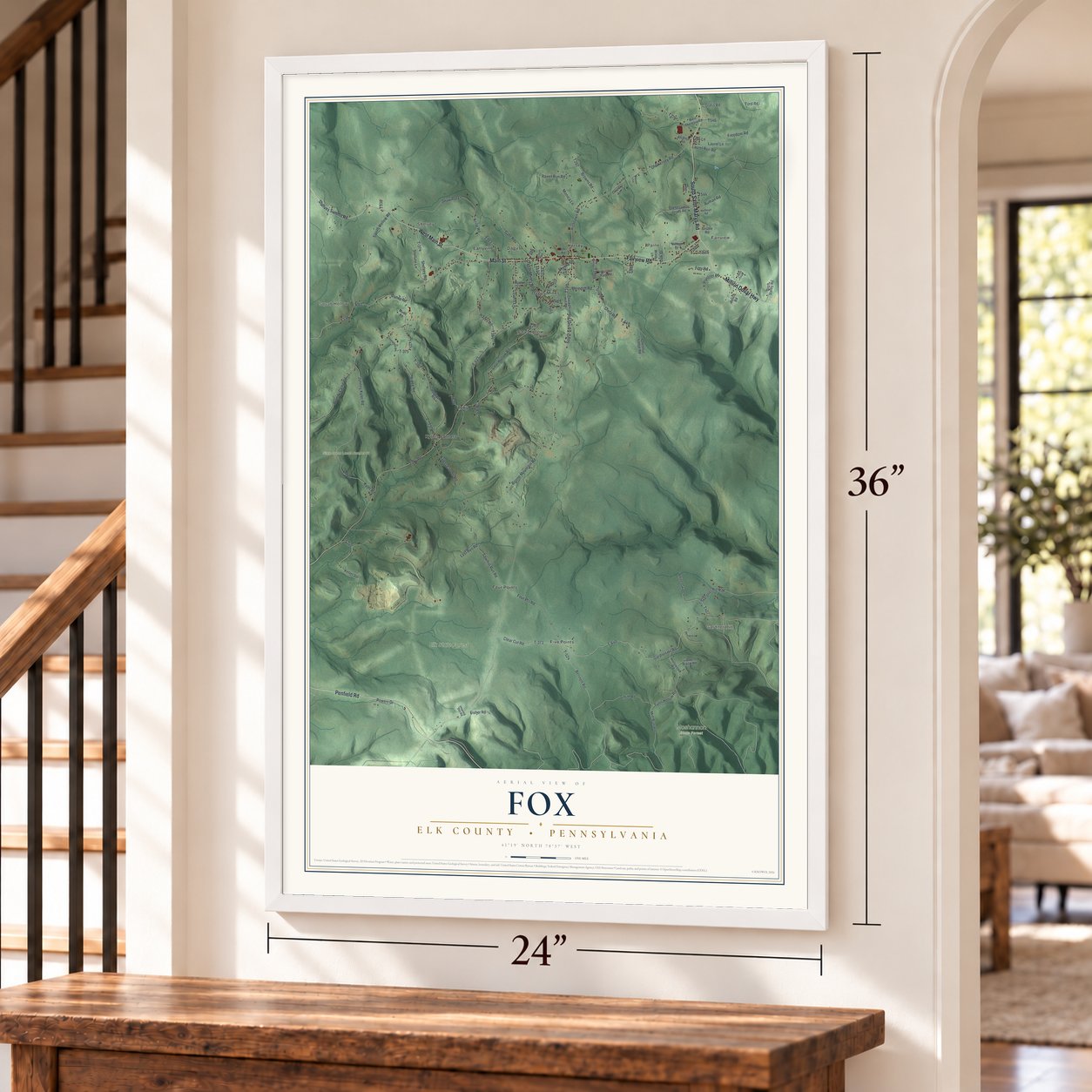 Fox, Elk County, Pennsylvania map, 24 x 36 inch print in a white frame by a staircase