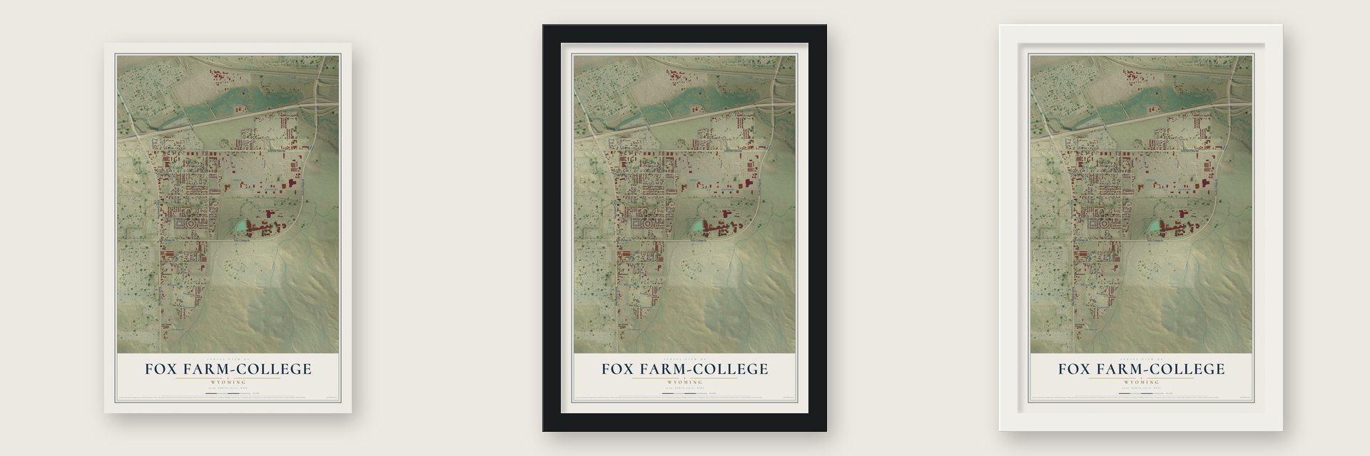 Fox Farm-College, Wyoming map unframed, in a black wood frame and in a white wood frame