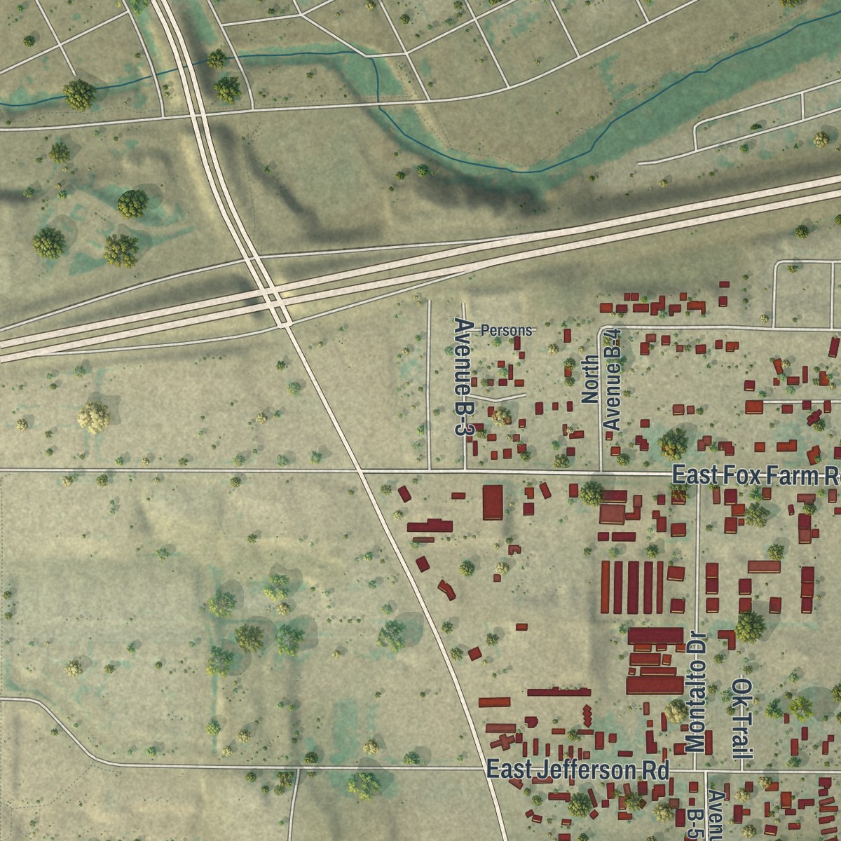 Second close-up of the map of Fox Farm-College, Wyoming print showing more streets and buildings