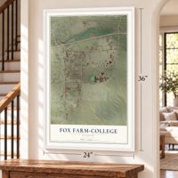Fox Farm-College, Wyoming map, 24 x 36 inch print in a white frame by a staircase