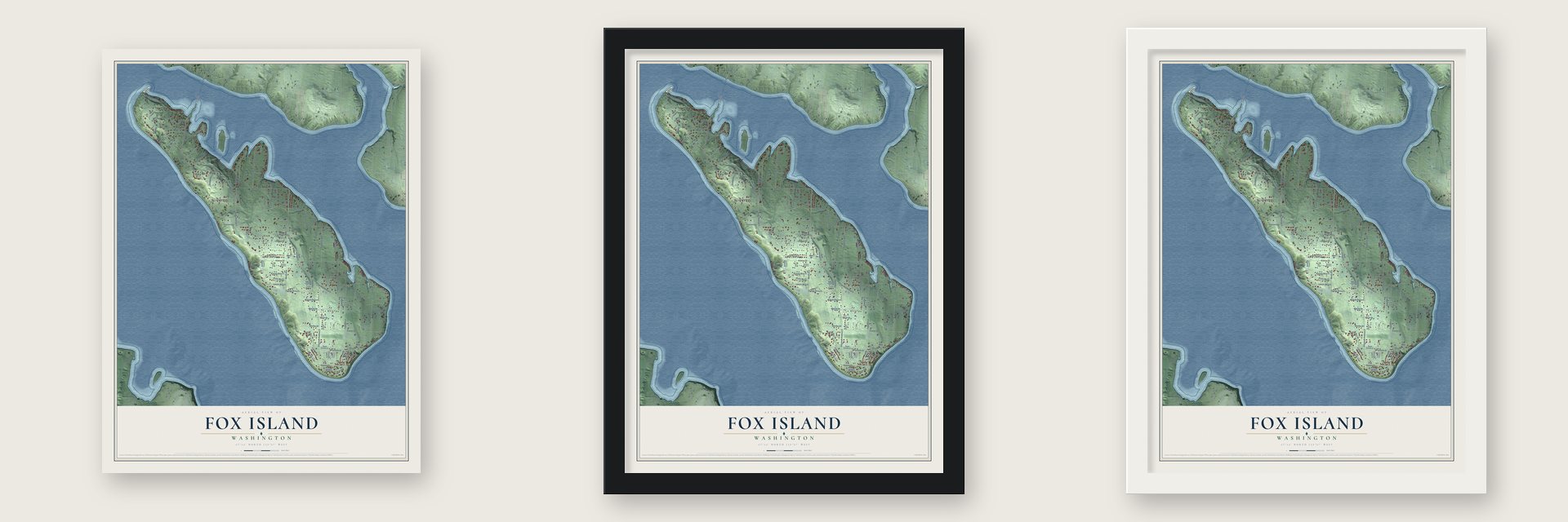 Fox Island, Washington map unframed, in a black wood frame and in a white wood frame