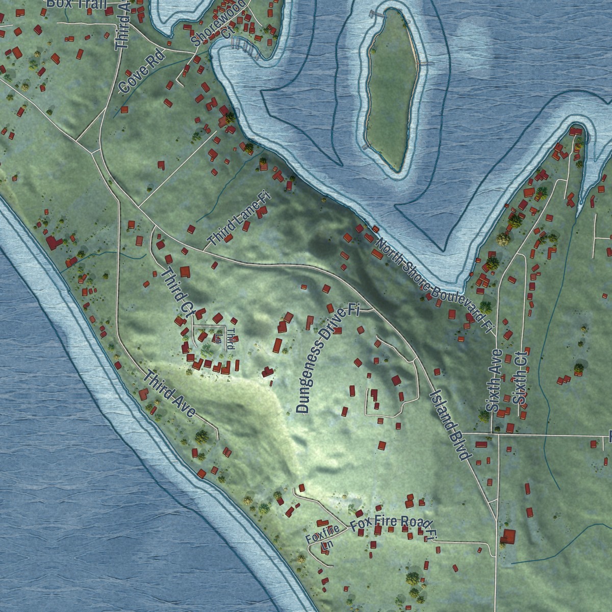 Second close-up of the map of Fox Island, Washington print showing more streets and buildings