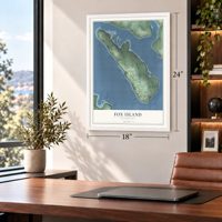 Fox Island, Washington map, 18 x 24 inch print in a white frame in a home office