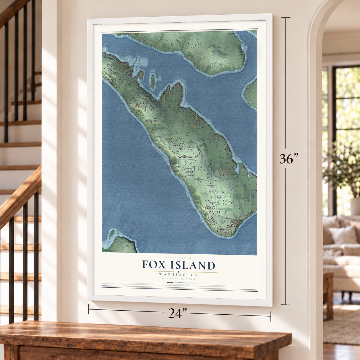 Fox Island, Washington map, 24 x 36 inch print in a white frame by a staircase