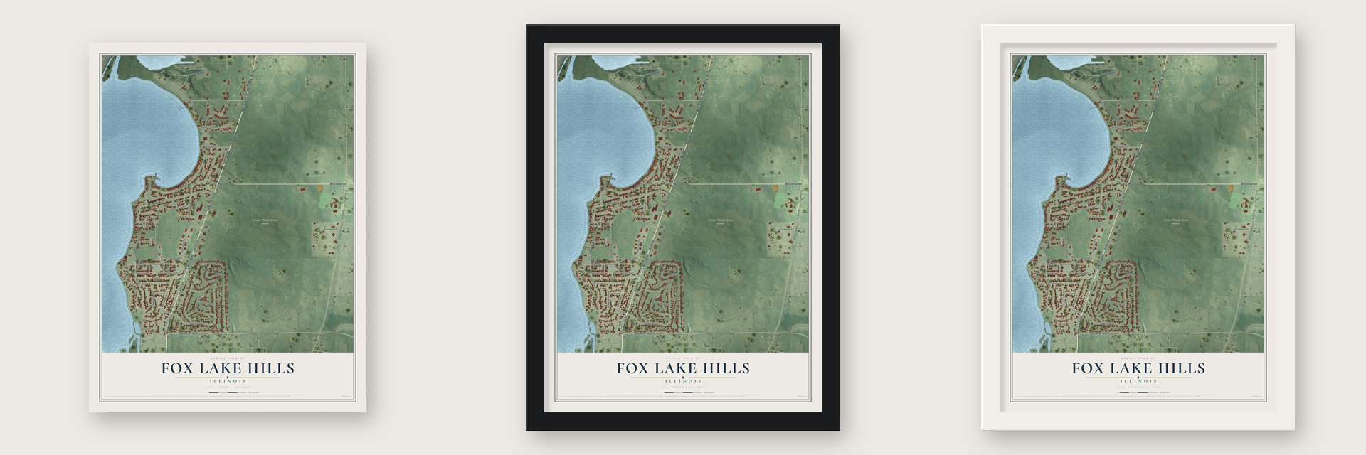 Fox Lake Hills, Illinois map unframed, in a black wood frame and in a white wood frame