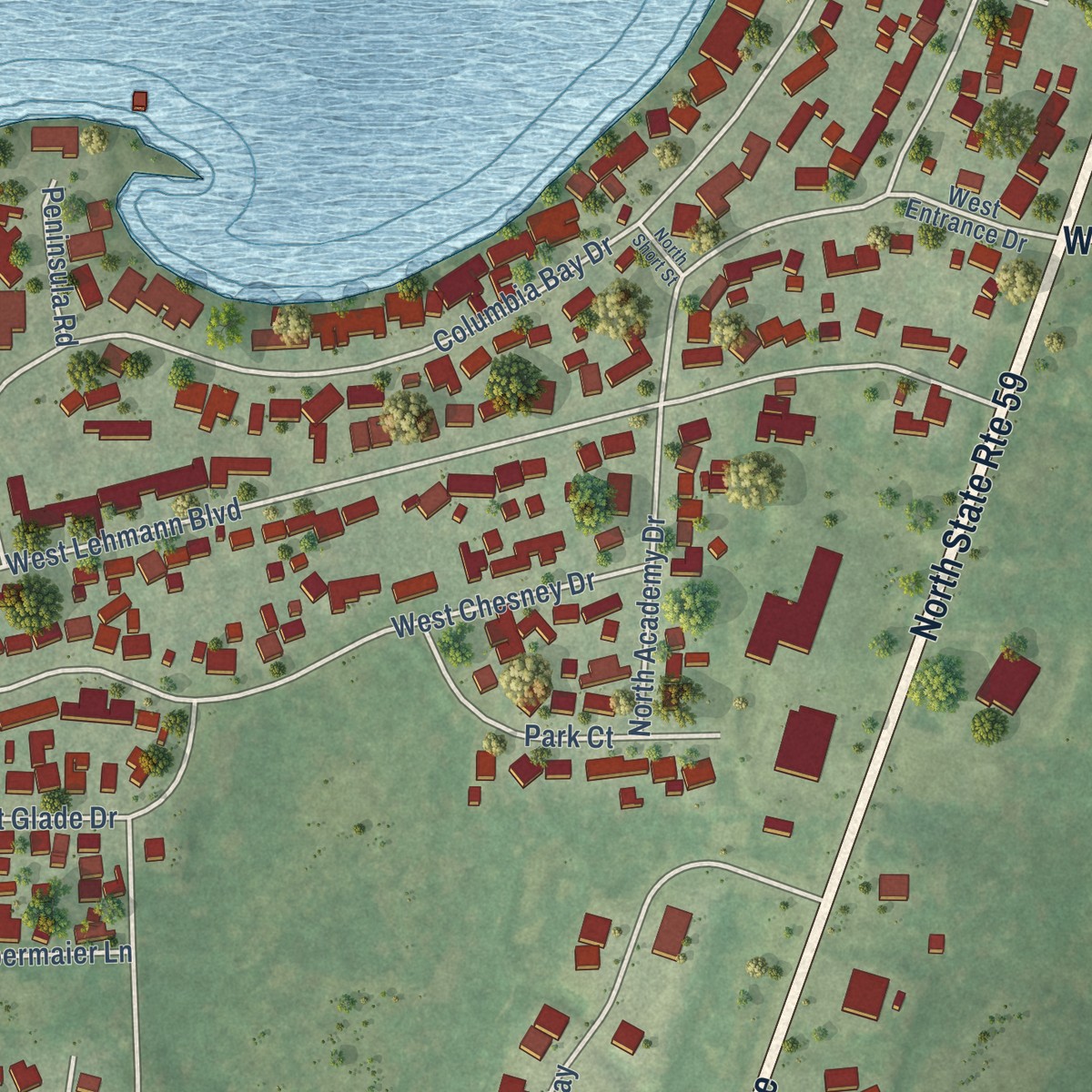 Second close-up of the map of Fox Lake Hills, Illinois print showing more streets and buildings