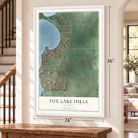 Fox Lake Hills, Illinois map, 24 x 36 inch print in a white frame by a staircase