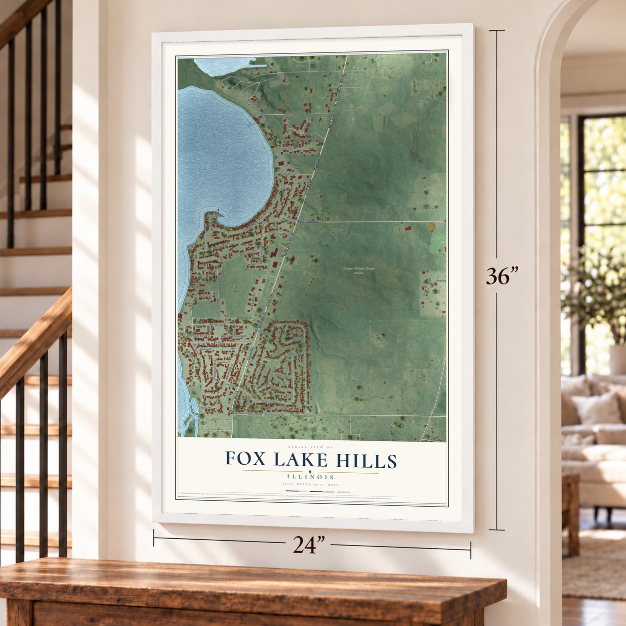 Fox Lake Hills, Illinois map, 24 x 36 inch print in a white frame by a staircase