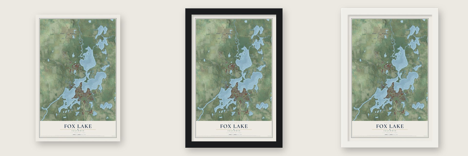Fox Lake, Illinois map unframed, in a black wood frame and in a white wood frame