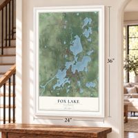Fox Lake, Illinois map, 24 x 36 inch print in a white frame by a staircase