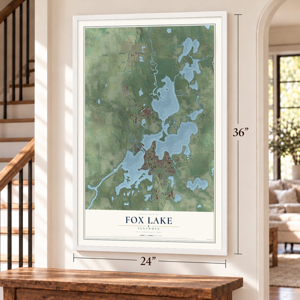 Fox Lake, Illinois map, 24 x 36 inch print in a white frame by a staircase