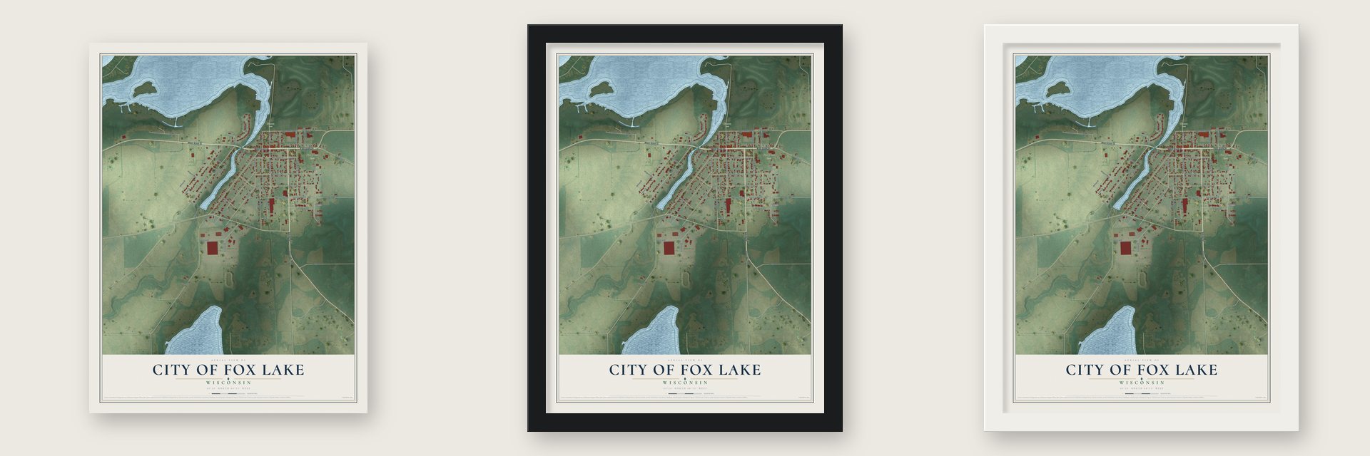 Fox Lake, Wisconsin map unframed, in a black wood frame and in a white wood frame