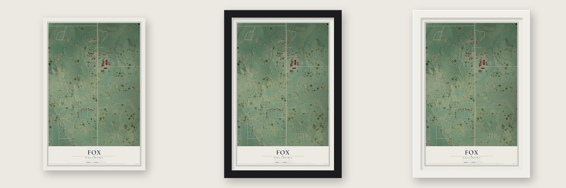 Fox, Oklahoma map unframed, in a black wood frame and in a white wood frame