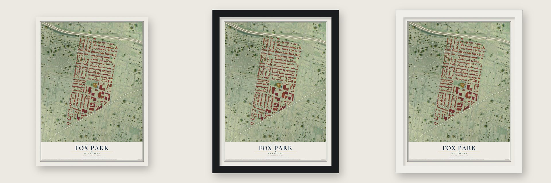 Fox Park, Missouri map unframed, in a black wood frame and in a white wood frame