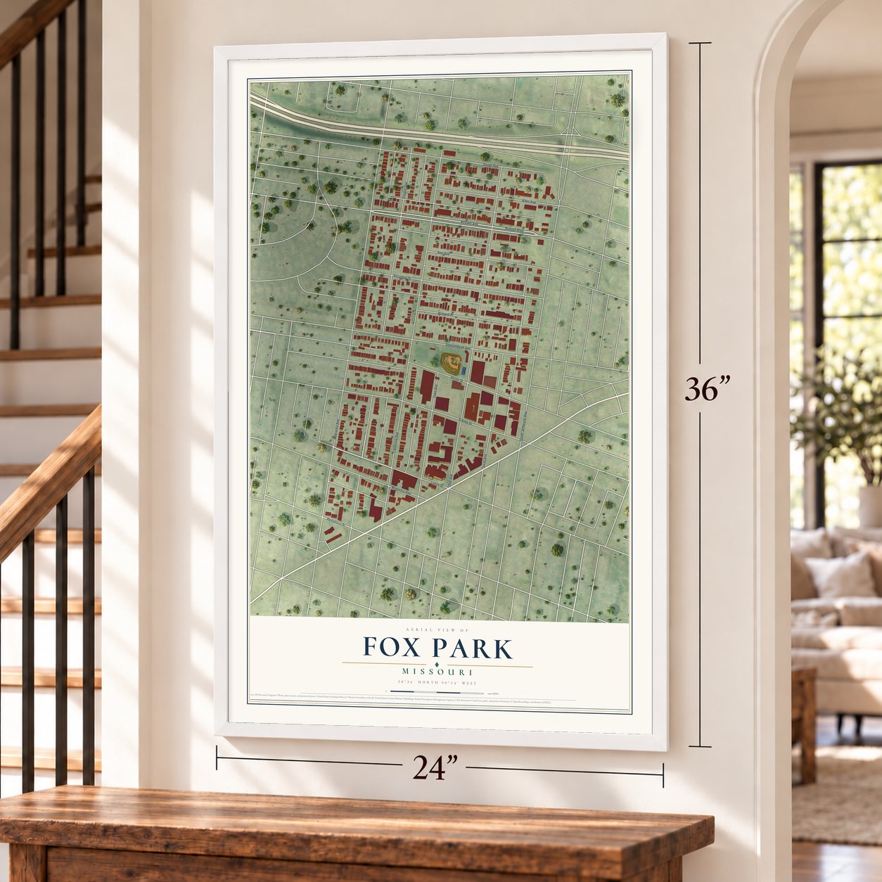 Fox Park, Missouri map, 24 x 36 inch print in a white frame by a staircase