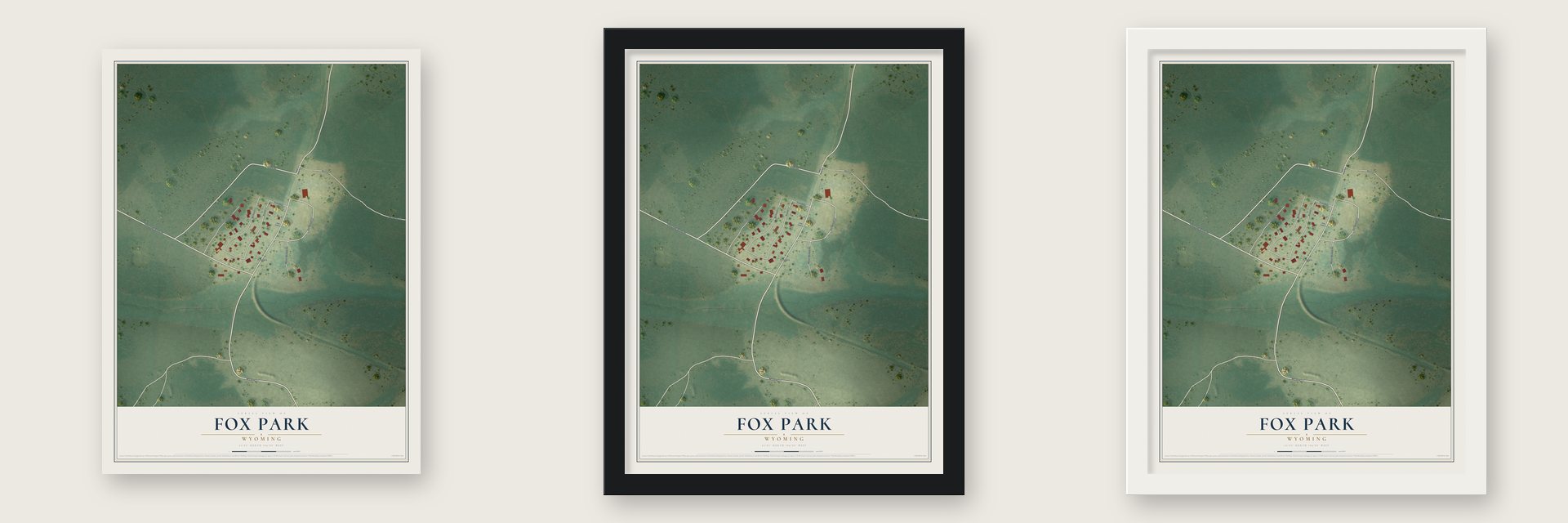 Fox Park, Wyoming map unframed, in a black wood frame and in a white wood frame
