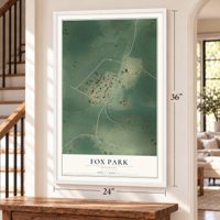 Fox Park, Wyoming map, 24 x 36 inch print in a white frame by a staircase