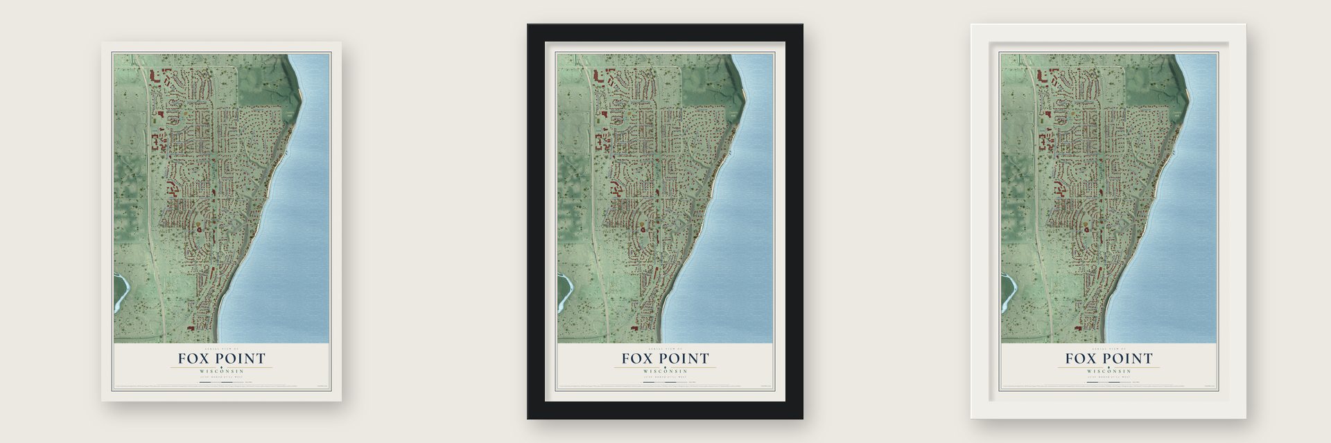 Fox Point, Wisconsin map unframed, in a black wood frame and in a white wood frame