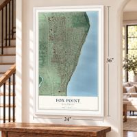 Fox Point, Wisconsin map, 24 x 36 inch print in a white frame by a staircase