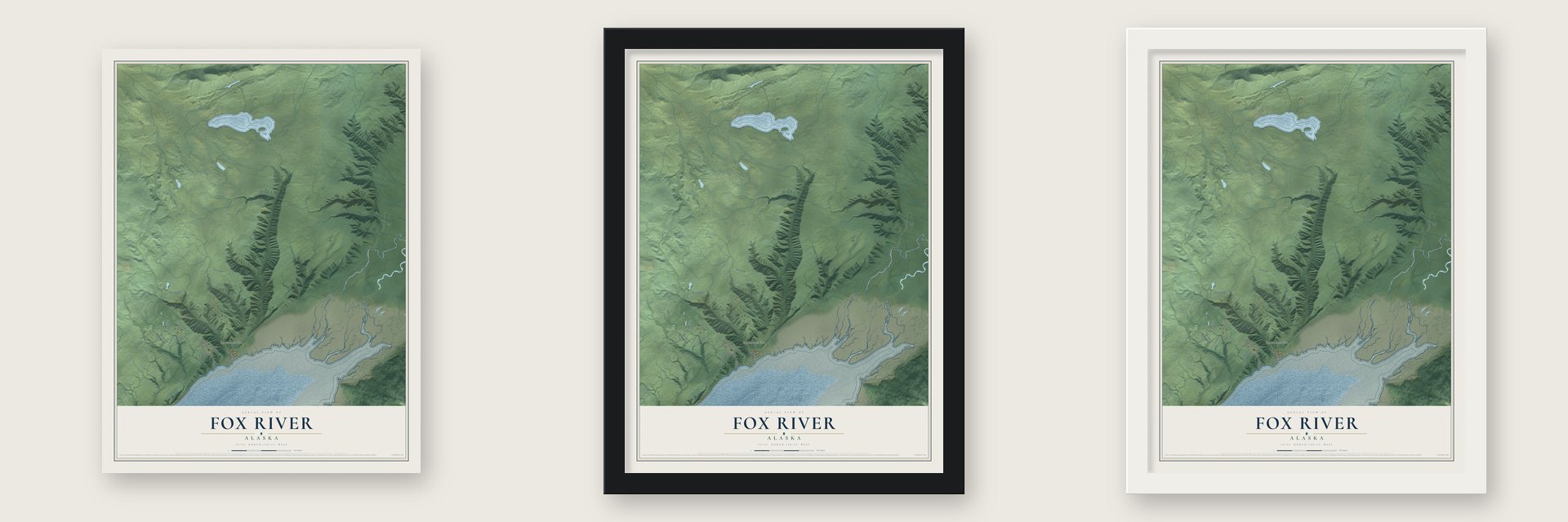 Fox River, Alaska map unframed, in a black wood frame and in a white wood frame