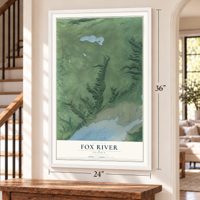 Fox River, Alaska map, 24 x 36 inch print in a white frame by a staircase
