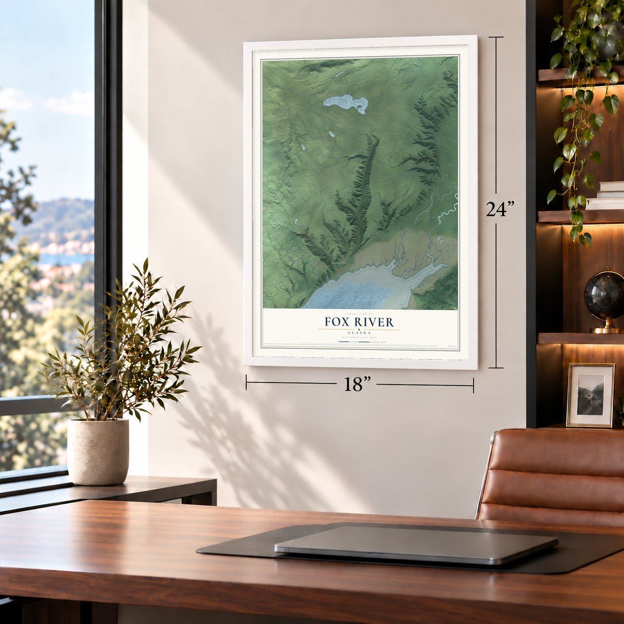 Fox River, Alaska map, 18 x 24 inch print in a white frame in a home office